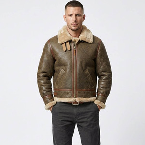 <b>Men's</b> Genuine <b>Leather</b> Aviator <b>Jacket</b> With Fur Lining Zipper Closure Winter Moto Biker Style Thick Windproof Turn-down Collar - Product Image 1