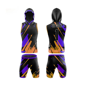 Uniforme de Fútbol 7v7 Geométrico Negro y Naranja, Jersey sin Mangas con Capucha, Pantalones Cortos Sublimados, Uniformes Personalizados para Equipos - Product Image 1