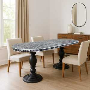 Modern Eco-Friendly Oval Bone Inlay Top Pedestal <b>Console</b> <b>Table</b> with Leg Base and Geometric Design for Living Room Furniture - Product Image 6