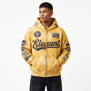 Sweat à capuche zippé pour homme en molleton délavé à l'acide, brodé, épais, coupe oversize, style streetwear, à épaules tombantes - Product Image 1