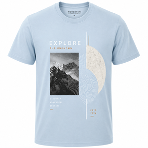 Camiseta de Manga Corta Azul Claro para Hombre MOMENTUM, Cuello Redondo, Corte Regular, Algodón Ecológico, Tela de Rizo de 180 g, Explore Unknown Photo - Product Image 1