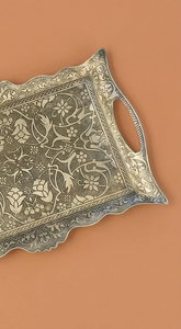 <b>Top</b> Selling Antique Floral Engraved Serving Tray Scalloped Edge Silver Metal Platter With Handles For Hotel Buffet Wedding Gift - Product Image 2