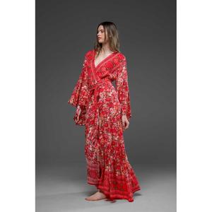 Vestido Maxi Bohemio Rojo con Estampado Floral para Mujer, Cuello en V, Manga Larga, Estilo Envolvente, Verano, Playa, Boho Chic, Elegante y Fluido - Product Image 4