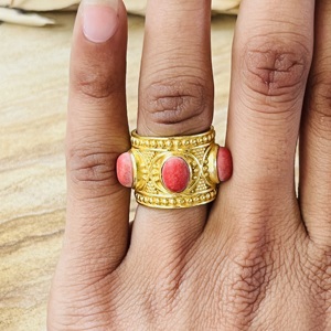 Market Favorite Silver Eye Red Coral <b>Boho</b> Brass <b>Rings</b> Women 18k Gold Plated Certified Ethnic Wide Band Wholesale/OEM/ODM - Product Image 4