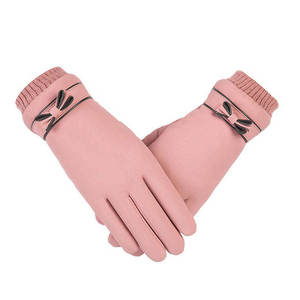 Pink <b>Leather</b> Touchscreen Gloves Thermal Winter <b>Wrist</b>-Length Ribbed <b>Cuff</b> Bow Decor for Cycling and Outdoor Daily Use - Product Image 1