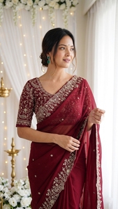 Sari de Seda Color Granate con Bordado Dorado para Boda, Traje Tradicional Indio para Mujer, Largo hasta el Suelo, Corte Regular, Protección Solar, para Todas las Estaciones - Product Image 6
