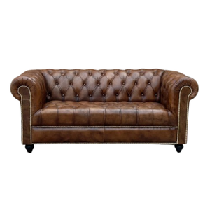 Canapé Chesterfield classique vintage marron en cuir écologique, deux places, en forme de L, avec dossier capitonné, accoudoirs roulés, garniture cloutée, structure en bois - Product Image 3