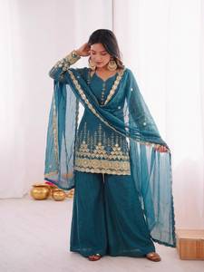 <b>Teal</b> Embroidery Fendy Silk Floor-Length Sequence Work Indian Pakistani Sharara Suit <b>Top</b> Flare Sharara Palazzo Dupatta - Product Image 2