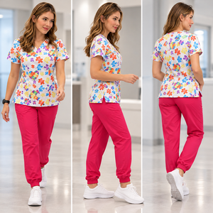 Women's Scrub Set With Colorful <b>Puzzle</b> Print V-Neck Top And Red Pants Adjustable Waist Utility Pocket Hospital Uniforms - Product Image 2