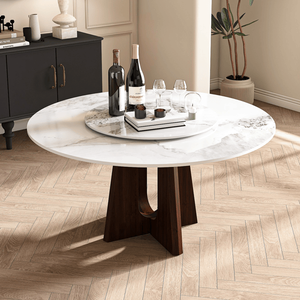 Table à manger ronde moderne de 59 pouces, base en bois massif noyer, plateau en pierre frittée, design croisé robuste pour 6 à 8 personnes, finition marbre - Product Image 3