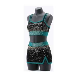 Custom Rhinestone Cheer Uniform Set Black <b>Red</b> Sparkle <b>Crop</b> <b>Top</b> Skirt Adult Practice Wear Cheerleading Practice Wear Set - Product Image 2