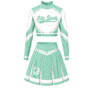 Olive Green <b>White</b> Sublimated Cheer <b>Long</b> Sleeve Uniform Set Pleated <b>Skirt</b> Athletic Team Sportswear Training Practice Performance - Product Image 2