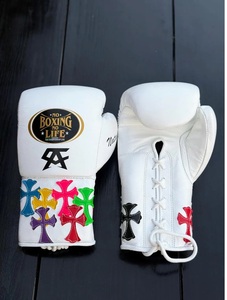 Professional No Boxing No Life Canelo White Multi Real Cowhide Leather Boxing Gloves Mexican Style Lace-Up Lightweight - Product Image 5