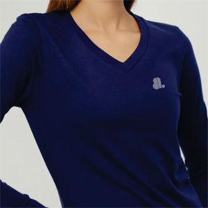 T-shirt pour femme à col en V, manches longues, couleur unie, respirant, non tissé, coupe classique, vêtement décontracté, bleu, 100% coton biologique, respectueux de l'environnement - Product Image 6