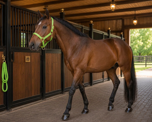 Lime Zest Australian Saddle Style Nylon Rope Horse <b>Halter</b> with Gold Buckles and Rings for Stable Use - Product Image 2
