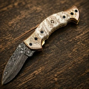 Premium Handmade Damascus Steel Folding Pocket <b>Knife</b> with Engraved <b>Bone</b> <b>Handle</b> Leather Sheath Wholesale Utility A&M ENTERPRISES - Product Image 1