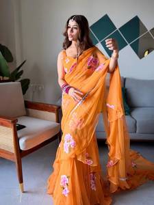 InCotton.M <b>Orange</b> Faux Georgette Lehenga <b>Saree</b> Set with Choli and Lace Work Dupatta for Wedding Party Occasions - Product Image 2
