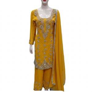 FAMUCAAS Black Hand Embroidered Georgette Indian/Pakistani Women's Dress Set V Neck Long Sleeve Sharara Kameez Dupatta Quick Dry - Product Image 5