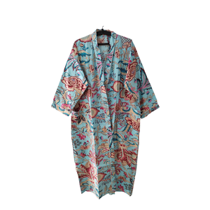ชุดกิโมโนผ้าฝ้ายลายดอกสีครามพรีเมียมสำหรับผู้หญิง |   ชุดคลุมอาบน้ำพิมพ์ลายด้วยมือพร้อมกระเป๋า |   ชุดนอนแขนยาวคอวี - Product Image 1