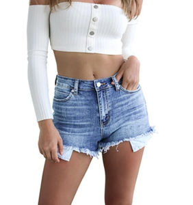 Shorts de mezclilla rectos de cintura alta ecológicos de verano para mujer, casuales, lavados, rasgados, ajustados - Product Image 2