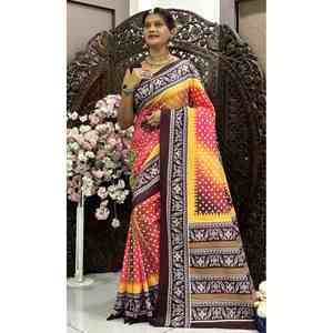 ATTRACTIVE MUSLIN BANDHEJ AVEC PATOLA DIGITAL PRINT WORK SAREE AVEC UNSTITCHED BOLUSE BROWN - Product Image 1