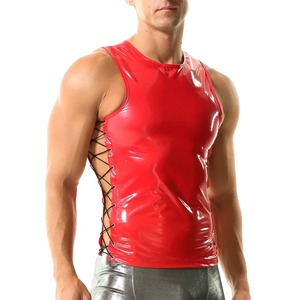 Débardeur sexy pour homme en cuir PVC brillant effet mouillé, avec découpes et bandages latéraux, pour soirée, boîte de nuit et danse - Product Image 2