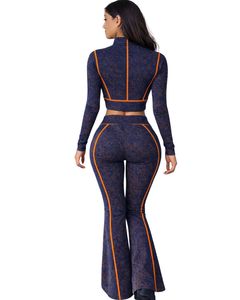 Conjunto de yoga de dos piezas azul marino personalizado para mujer, top corto con cremallera y pantalones acampanados de cintura alta con ribete en contraste, ropa deportiva para gimnasio, OEM personalizado - Product Image 3