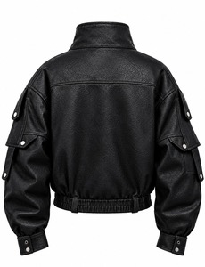 Black PU <b>Leather</b> Motorcycle <b>Jacket</b> Moto Biker Outerwear Zipper Collar <b>Long</b> Sleeve Casual Autumn Winter - Product Image 6