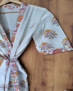 <b>White</b>-Colour Printed Kimono <b>Robe</b> Cotton Floral Hand Block Print Breathable Long Sleeve Nightwear Size Available - Product Image 2