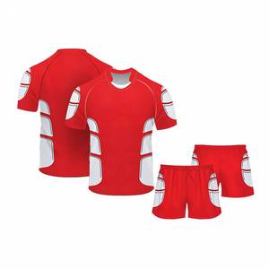 Ensemble d'uniformes de rugby unisexe rouge à manches courtes, col rond/col en V, en polyester anti-humidité, coupe régulière, toutes saisons, transfert thermique sur le devant - Product Image 1