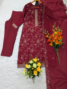 Maroon Designer Party <b>Wedding</b> Wear Vichitra Silk Fancy Heavy Embroidery Sequence Work <b>Top</b> and Santoon Silk Bottom With Dupatta - Product Image 1