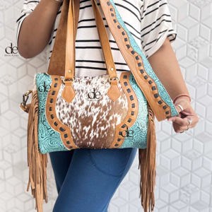 New Stylish Pattern Western Cowhide Leather Hand Tooled Carving Leather Fringe Tote <b>Bag</b> Stylish Purse Leather <b>Bags</b> for Women's - Product Image 1