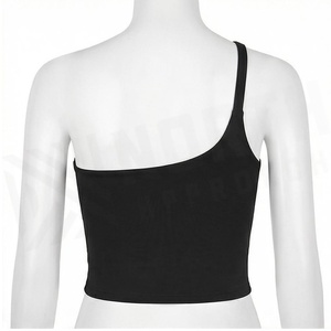 Top Corto Sin Costuras de Un Solo Hombro, Negro Sólido, Asimétrico, Ropa de Yoga, Ropa Deportiva para Mujer - Product Image 2
