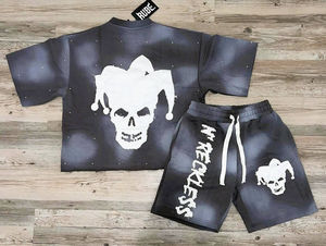 Ensemble court délavé sérigraphié pour hommes, collection été, t-shirt à manches courtes et short assorti, vente en gros - Product Image 3