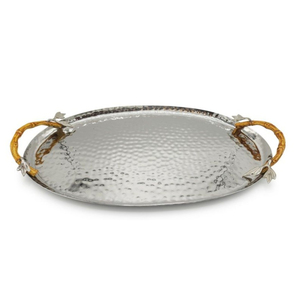 Bandeja Ovalada para Servir, Hecha a Mano, de Acero Inoxidable, con Asas de Bambú, Elegante Bandeja Decorativa de Metal Plateado - Product Image 1