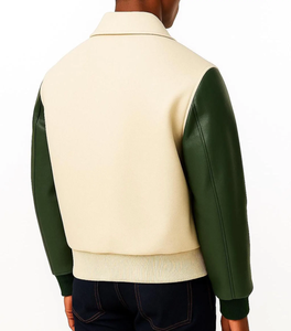 <b>Men's</b> <b>Cream</b> Varsity <b>Jacket</b> With Green Leather Sleeves Turn-down Collar Button Closure Casual Autumn Wear - Product Image 4
