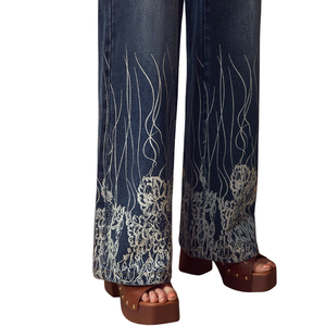 Jeans de mezclilla bordados de cintura alta y pierna recta para mujer, ajuste holgado, longitud completa, de secado rápido, transpirables, de elastano/poliéster, lavado enzimático - Product Image 5