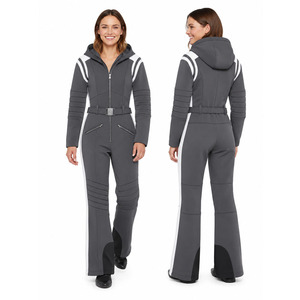 Custom <b>Women</b> <b>One</b> <b>Piece</b> <b>Ski</b> <b>Suit</b> Hooded Belted Softshell Jumpsuit Contrast Stripe Flared Leg Winter Snowboard Snow Overall - Product Image 2