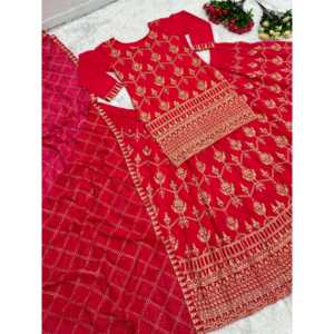 Karma Fashion Designer Accessoires ethniques Top Lehenga Dupatta en rouge avec broderie chinoise complexe Taille M - Product Image 6