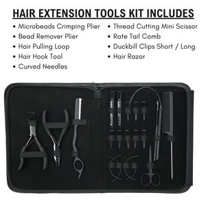 Kit d'outils pour extensions capillaires : Pince à sertir les micro-perles, Extracteur de perles, Crochet à boucle, Aiguilles courbées, Ciseaux, Peigne à queue, Pinces bec de canard, Rasoir - Product Image 2