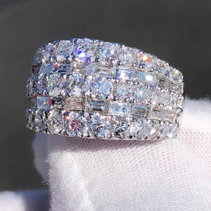 Baguette & Round Cut Moissanite Diamond Hip Hop Mens Engagement <b>Ring</b> 925 Sterling Silver Unisex <b>Statement</b> Jewelry Birthday Gifts - Product Image 1