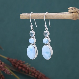 Boucles d'oreilles pendantes uniques en argent sterling 925 avec cabochons de larimar naturel, pierre bleue océanique, bijoux en gros - Product Image 5
