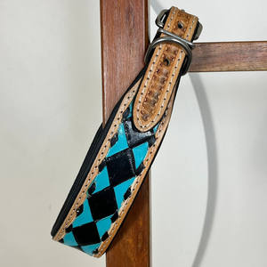 Popular hecho a mano diseñador personalizado Premium lujo mano Tooled negro y turquesa a cuadros collar de perro Correa juegos a juego de 3 piezas - Product Image 6