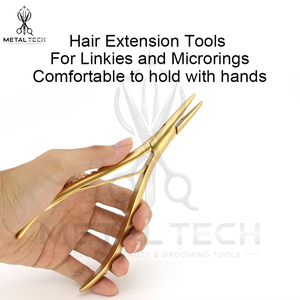 Pince de retrait d'extensions capillaires en acier inoxydable plaqué or mat, à mâchoires dentelées, pour l'ouverture de micro-anneaux et la dépose de liens, outil de salon en métal - Product Image 5