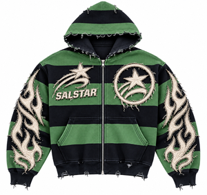 Sweat à capuche zippé Salstar pour homme, vert et noir rayé, style streetwear, motif flamme, personnalisation du logo de marque disponible - Product Image 3