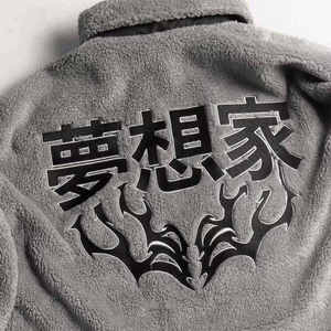 Men Techwear Grey Sherpa Fleece <b>Jacket</b> Tactical Streetwear Hip Hop Skull Graphic Embroidery Oversized Cyberpunk Winter Outwear - Product Image 6