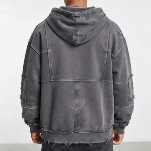 Veste à capuche en jean coupe décontractée pour homme – Veste streetwear délavée avec design multi-poches - Product Image 5
