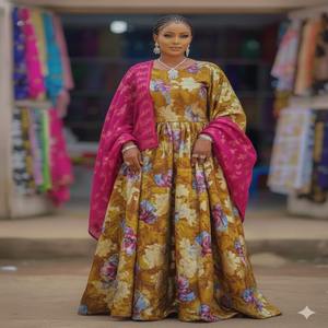 Ensemble de robe de mariée somalienne Fransawi Dirac 3 pièces inégalée, jacquard doré de qualité supérieure, imprimé numérique, mousseline légère, motif de feuilles - Product Image 1