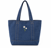 Sac fourre-tout en jean avec broderie marguerite, couleur unie, style minimaliste, ouverture supérieure, usage quotidien
