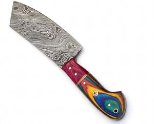 Couteau de chef Nakiri en acier Damas fait main sur mesure, manche en bois Pakka multicolore, mosaïque de clous - Product Image 5